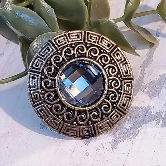 Y2K Bronze Smoke Faceted Crystal Round Greek Key Cocktail Ring Vintage Grunge - Picture 1 of 8